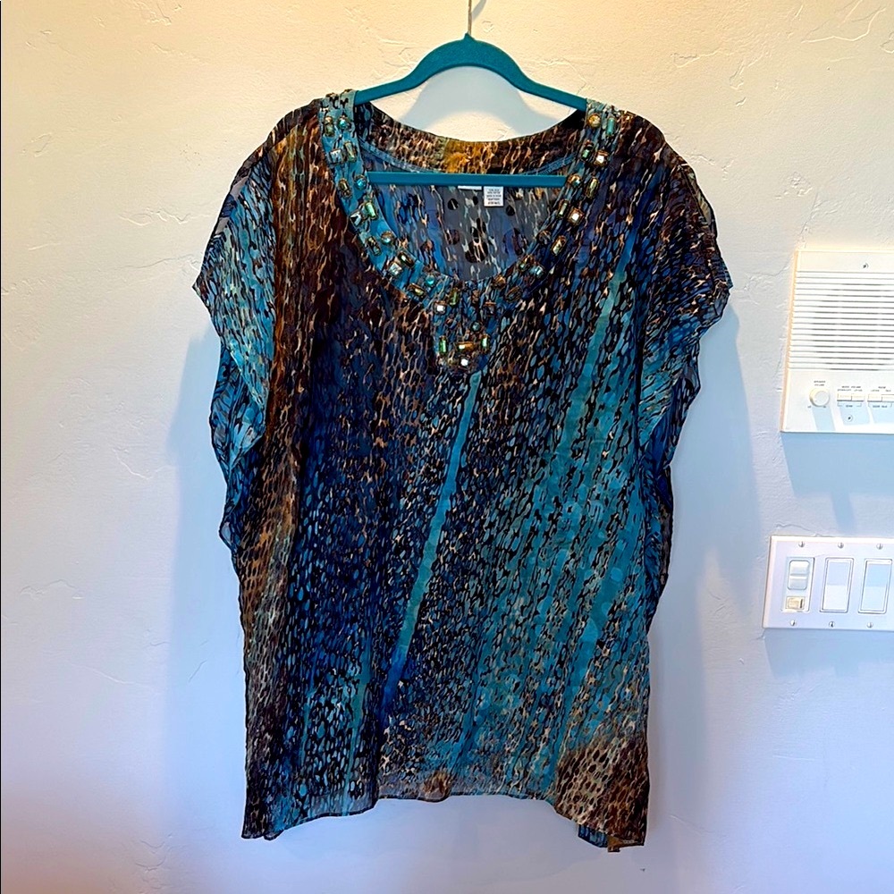 Chico's Multicolor Sheer Silk Blouse or Cover up with Gem Embellishments.